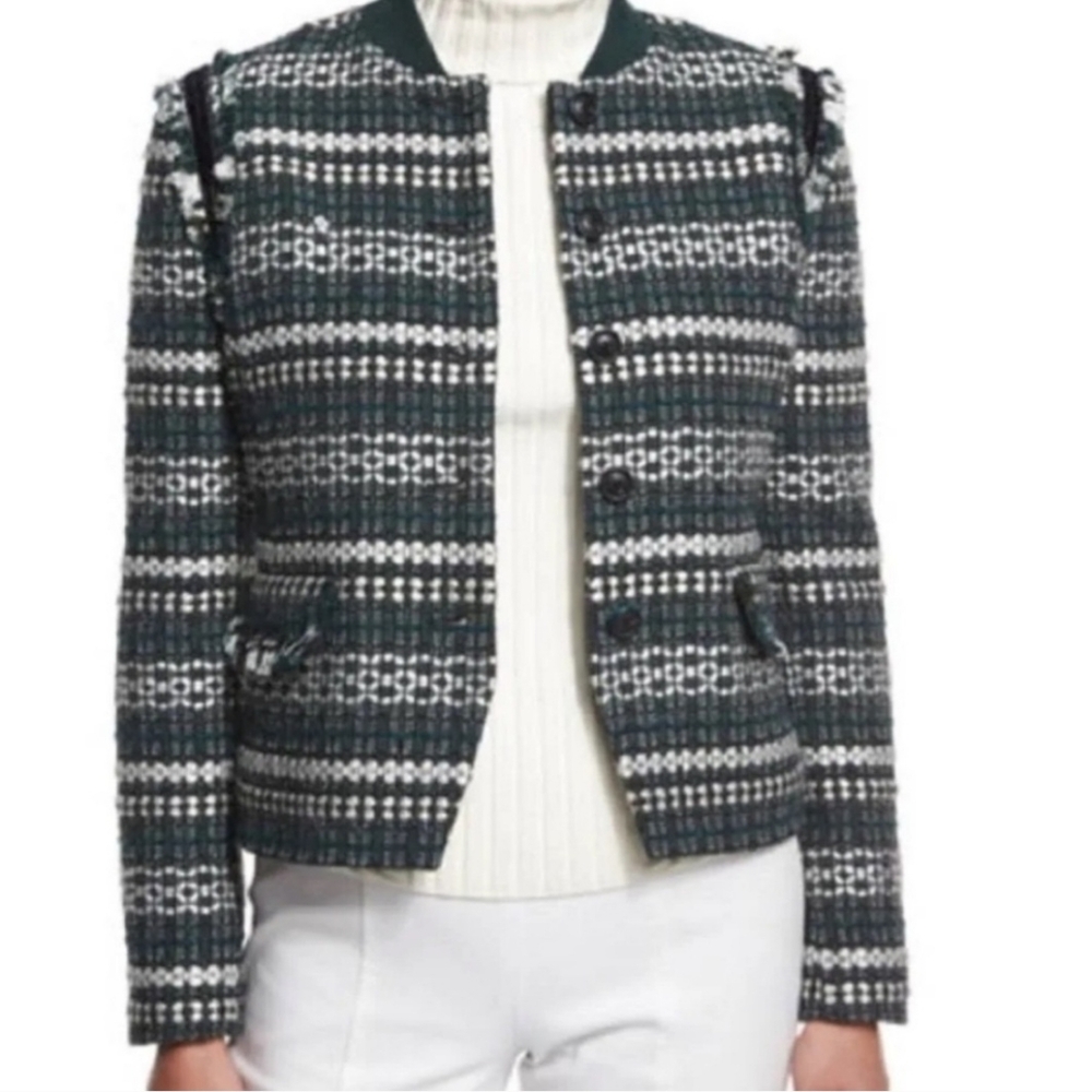 Tory Burch Jacket Norfolk Horsebit Tweed Size 12 Green Black Creme